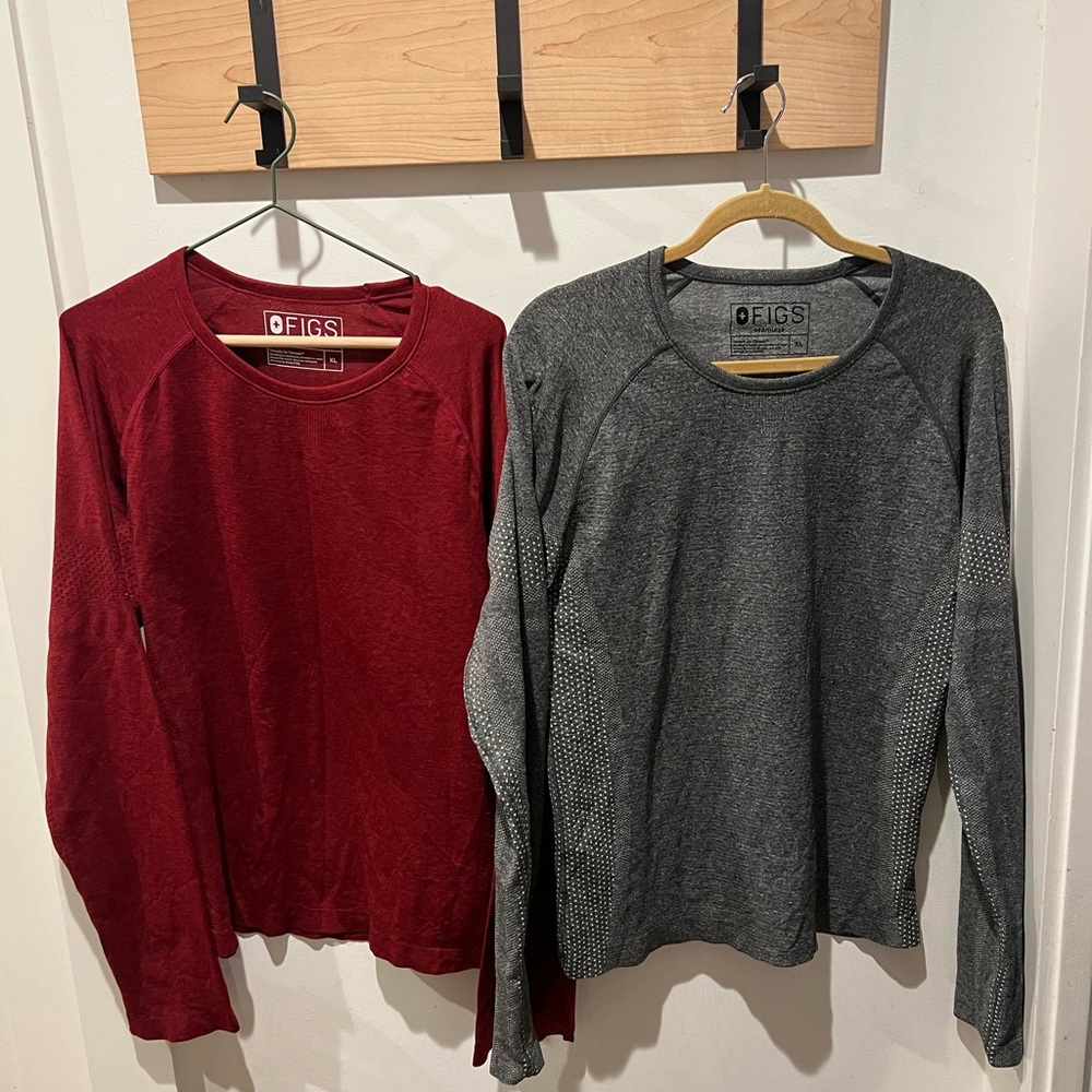 Figs Long Sleeve Tops - Red and Gray